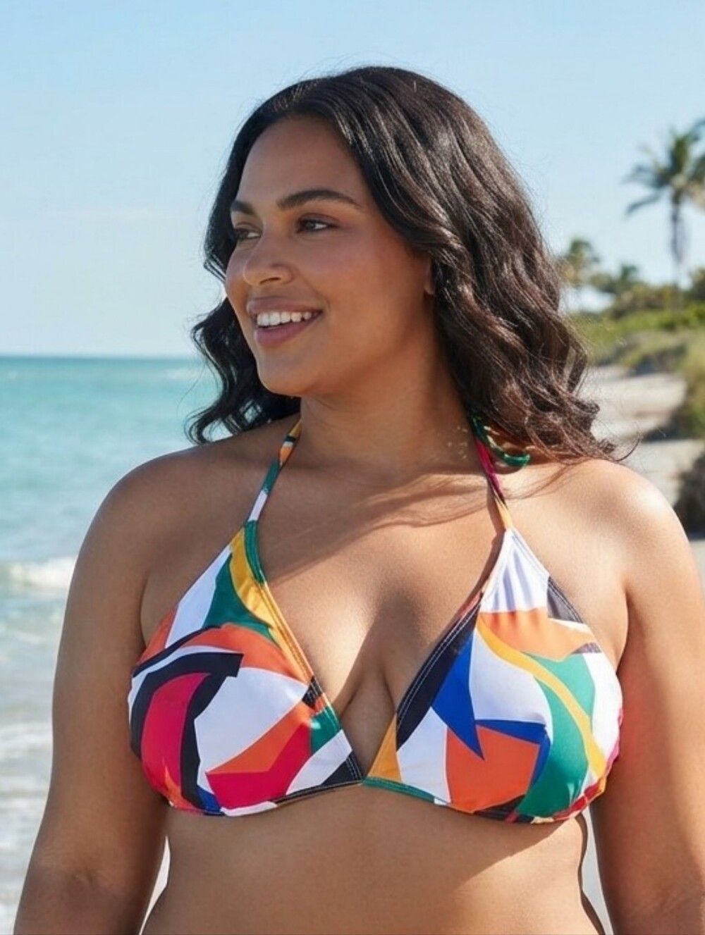 Abstract Geometric Print Halter Bikini Top Multicolor Size 3XL
